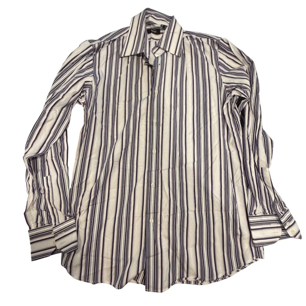 Hugo Boss Mens Striped Long Sleeve Cotton Button-Up Shirt Size 16 30/35 Purple &